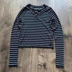 Hollister Cropped Navy and White Striped Long Sleeve Tee with Cross Detail